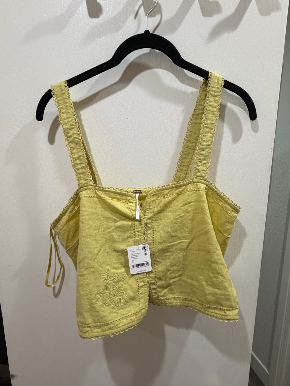 Free People Pale Yellow Embroidered Camisole